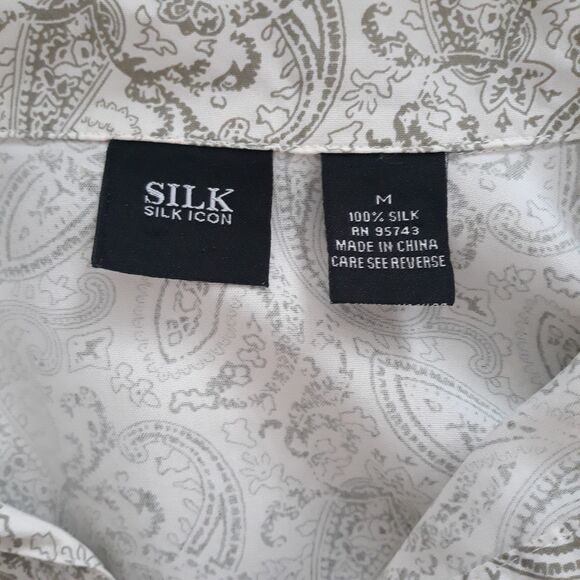 SILK ICON  Silk Tunic Top Blouse Medium White Green Paisley Print Long Sleeves - Picture 10 of 10
